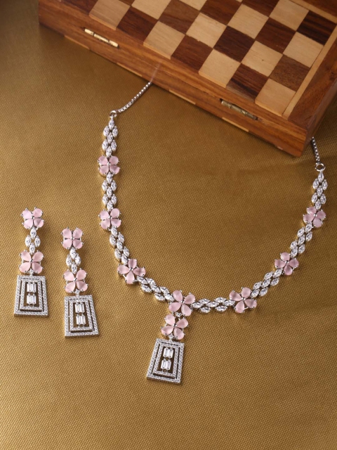 

Tistabene Rhodium-Plated Silver-Toned & Pink Stone-Studded Jewellery Set