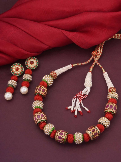 

Tistabene Women Red & White Stone-Studded & Beaded Enamelled Traditional Necklace Set, Gold