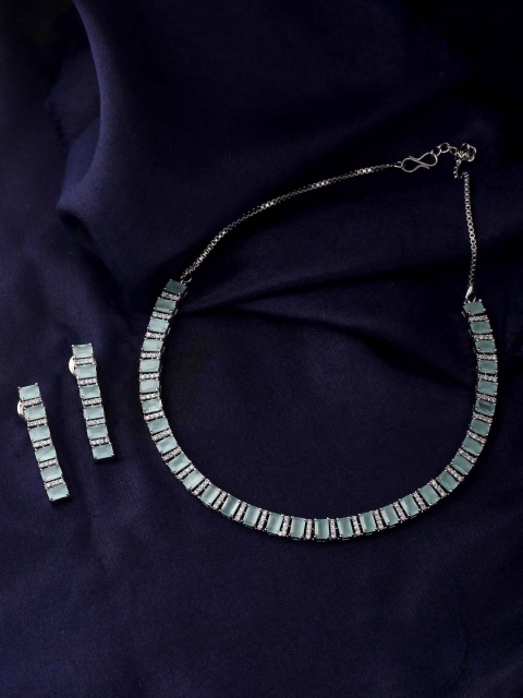 

Tistabene Rhodium-Plated Silver-Toned & Green Stone-Studded Necklace Set