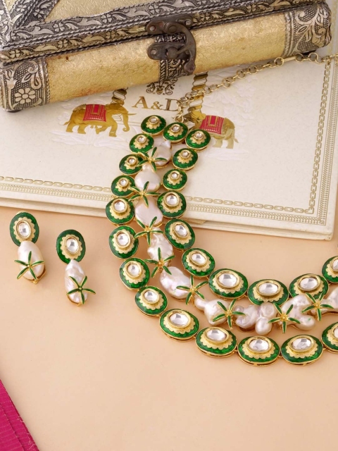 

Tistabene Gold-Plated White & Green Stone-Studded & Beaded Layered Necklace Set