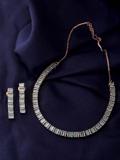 

Tistabene Women Rose Gold-Plated Sea Green & White Stone-Studded Necklace Set