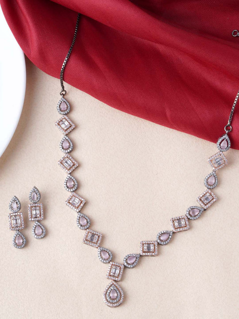 

Tistabene Gold-Plated Silver-Toned & Pink Stone-Studded Jewellery Set