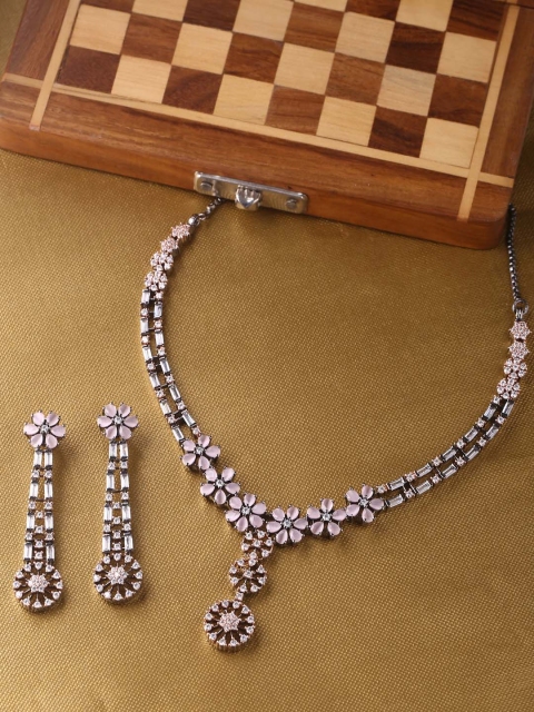 

Tistabene Women Gold-Plated Silver-Toned & Pink Stone-Studded Necklace Set, White