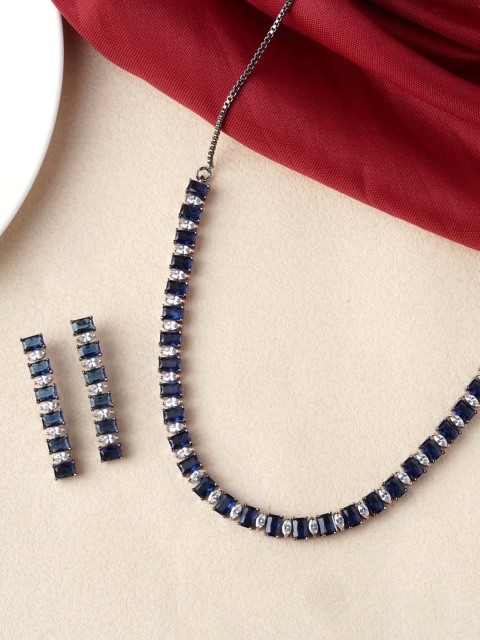 

Tistabene Rhodium-Plated Silver-Toned & Navy Blue Stone-Studded Jewellery Set