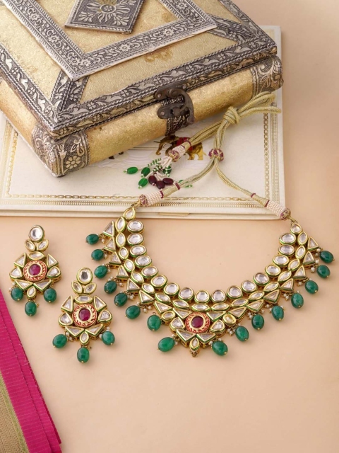 

Tistabene Gold-Plated White & Green Stone-Studded & Beaded Meenakari Jewellery Set