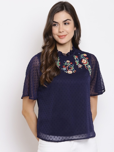

Mayra Women Navy Blue & Green Self Design Flared Sleeve Embroidered Georgette Top