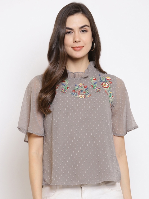 

Mayra Grey Choker Neck Flared Sleeve Georgette Regular Top