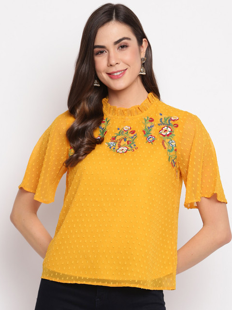 

Mayra Yellow Choker Neck Flared Sleeve Georgette Regular Top