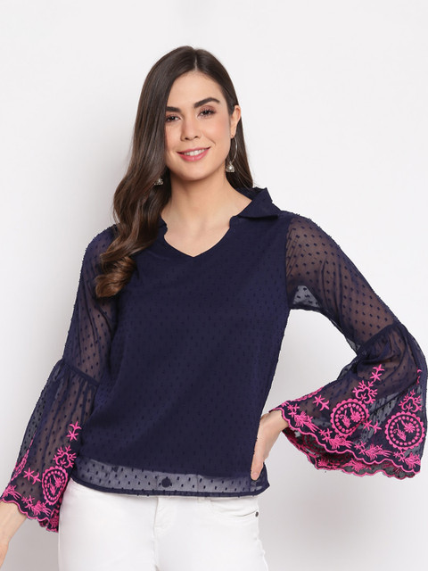 

Mayra Navy Blue Bell Sleeve Georgette Regular Top
