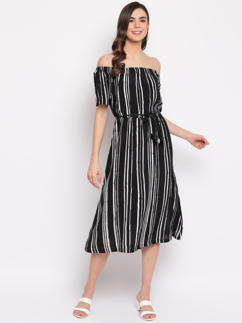 

Mayra Women Black Striped Off-Shoulder A-Line Midi Dress