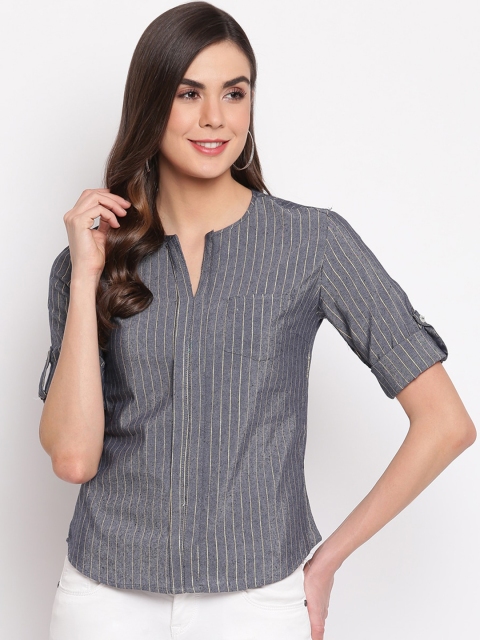 

Mayra Women Grey Cotton Striped Regular Top