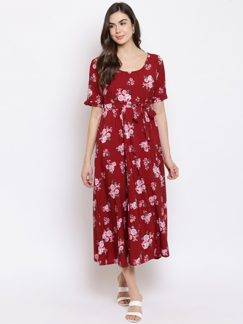 

Mayra Women Maroon & Pink Floral Belted Maxi Dress
