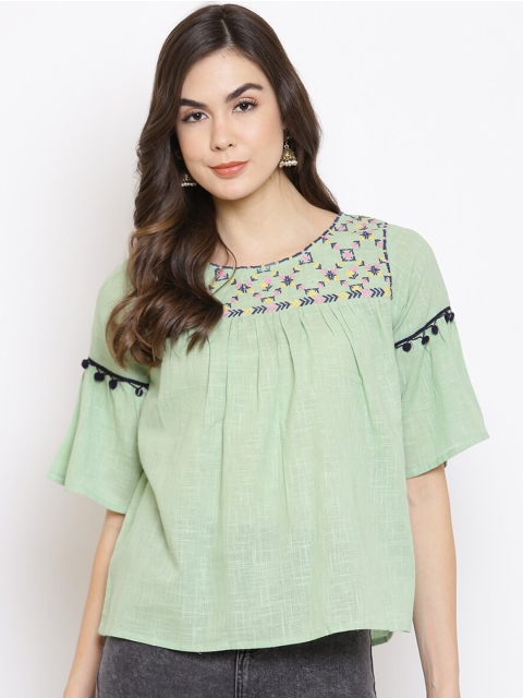 

Mayra Women Green & Pink Floral Embroidered Flared Sleeve A-Line Top