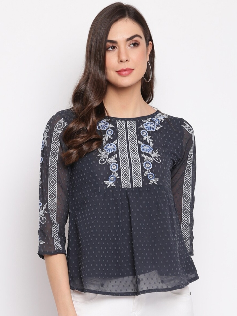 

Mayra Women Grey and White Embroidered Georgette Regular Top