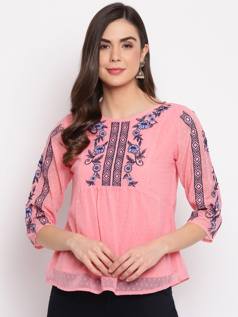 

Mayra Women Pink & Blue Self Design Embroidered Georgette A-Line Top