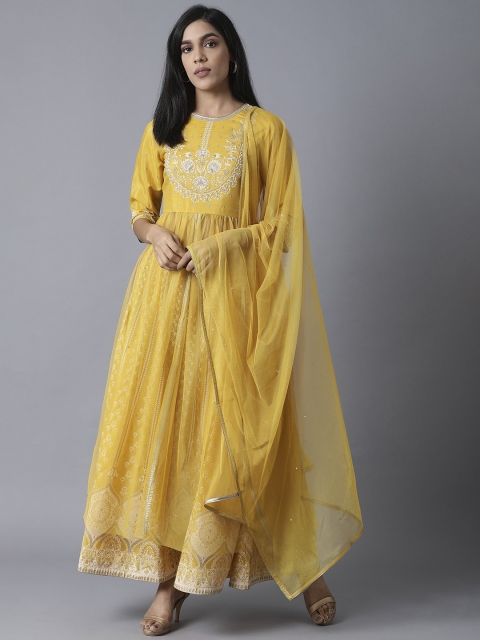 

WISHFUL Women Yellow Floral Yoke Design Pleated Kurta with Skirt & With Dupatta