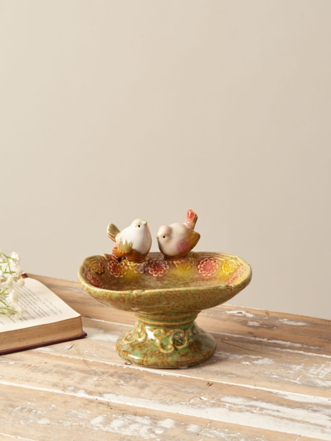 

THEDECORKART Green & White Birds On Leaf Mini Pedestal Ceramic Platter