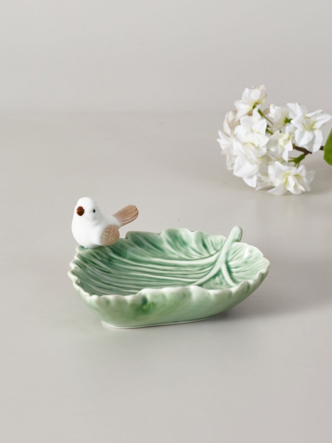 

THEDECORKART Green & White Little Birdies Ceramic Mini Platter