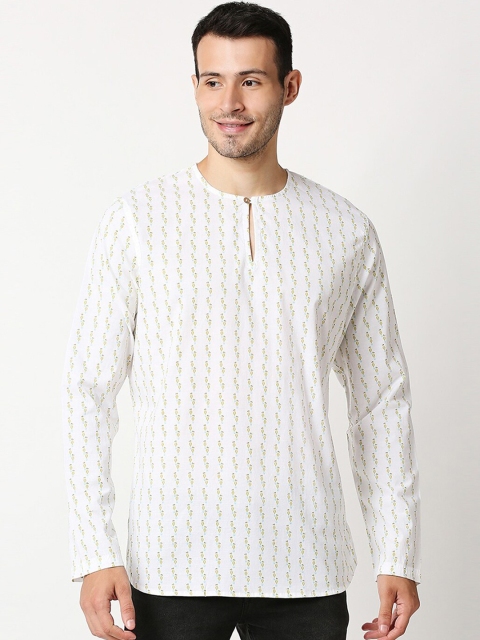 

Bewakoof Men White & Mustard Yellow Ethnic Motifs Printed Keyhole Neck Kurta