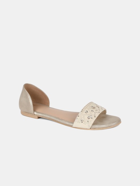 

W The Folksong Collection Women Gold-Toned Embellished Leather Party Open Toe Flats