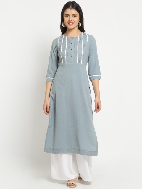 

Ekmatra Women Blue Embroidered Straight Khadi Handloom Kurta
