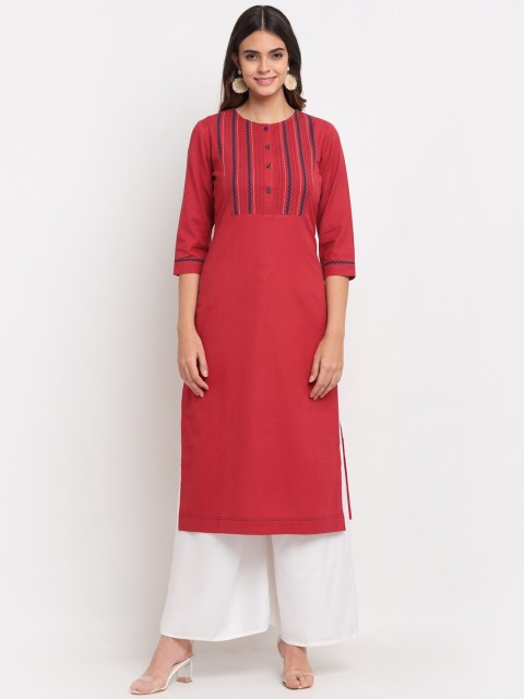 

Ekmatra Women Red Embroidered Straight Khadi Handloom Kurta