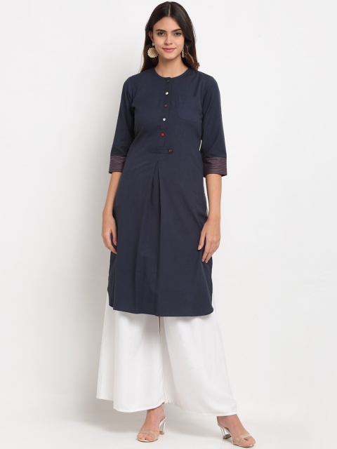 

Ekmatra Women Blue Geometric Embroidered Khadi Handloom Kurta