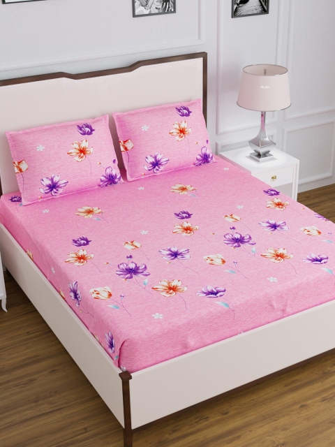 

DREAM WEAVERZ Pink Floral Glazed Cotton 220 TC Queen Bedsheet with 2 Pillow Covers