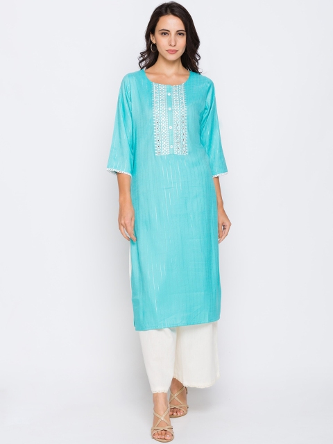 

ZOLA Women Blue Yoke Design Flared Sleeves Mirror Work Kurta