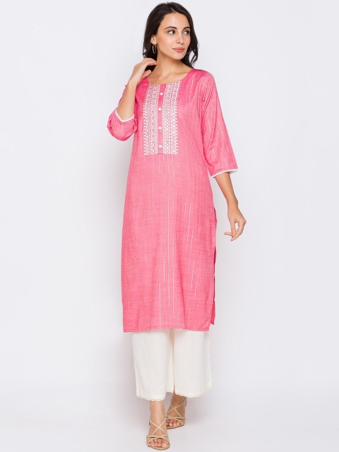 

ZOLA Women Pink Yoke Design Mirror Work Kurta