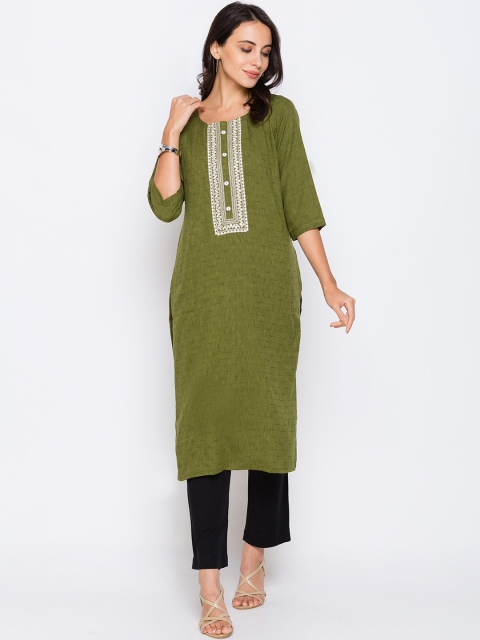 

ZOLA Women Olive Green & White Yoke Design Thread Work Kurta