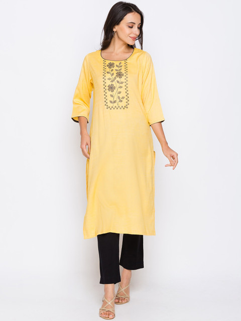 

ZOLA Women Yellow & Black Embroidered Yoke Design Thread Work Kurta