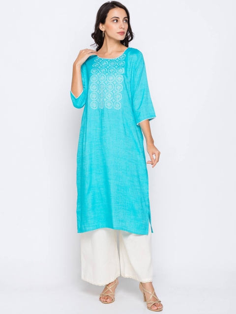 

ZOLA Women Turquoise Blue Embroidered Yoke Design Thread Work Kurta