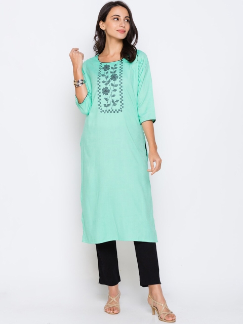 

ZOLA Women Turquoise Blue Embroidered Yoke Design Thread Work Kurta