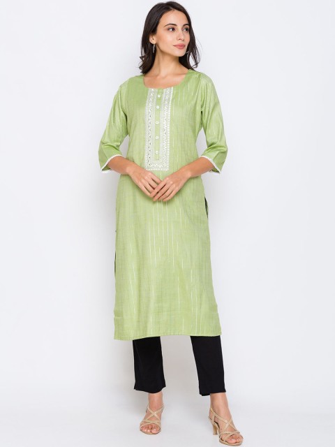 

ZOLA Women Green & White Embroidered Yoke Design Thread Work Kurta