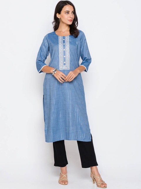 

ZOLA Women Blue & White Embroidered Yoke Design Thread Work Kurta