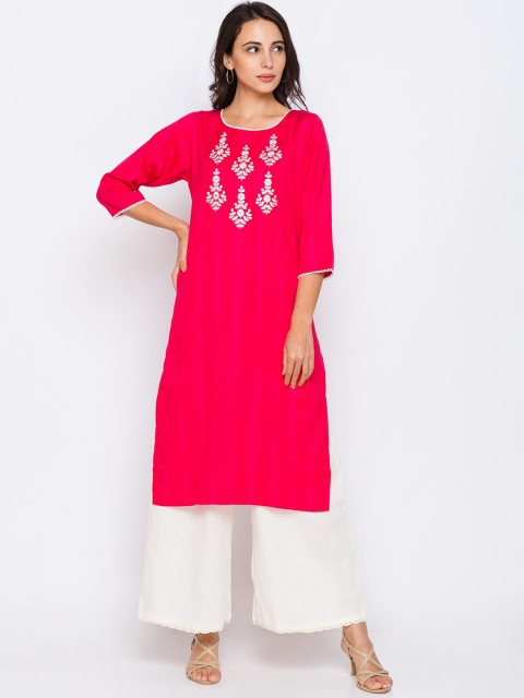 

ZOLA Women Pink & Silver-Toned Ethnic Motifs Embroidered Kurta