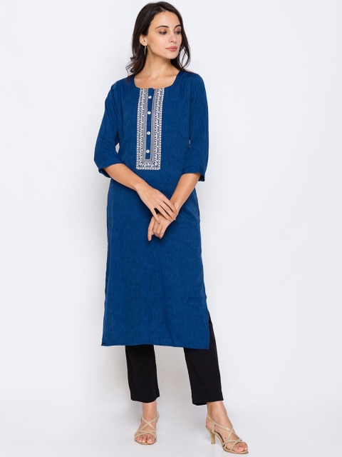 

ZOLA Women Navy Blue & White Embroidered Yoke Design Thread Work Kurta