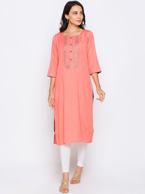 

ZOLA Women Peach-Coloured Embroidered Kurta