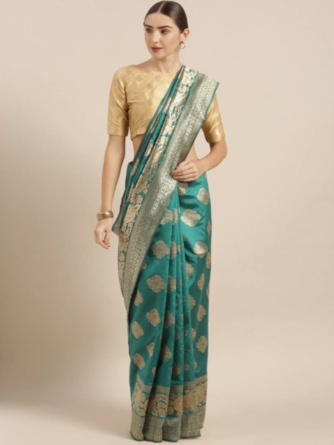 

Mirraw Green & Gold-Toned Ethnic Motifs Zari Pure Linen Fusion Saree