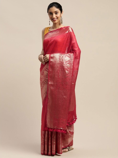 

Mirraw Red & Gold-Toned Woven Design Zari Pure Linen Fusion Saree