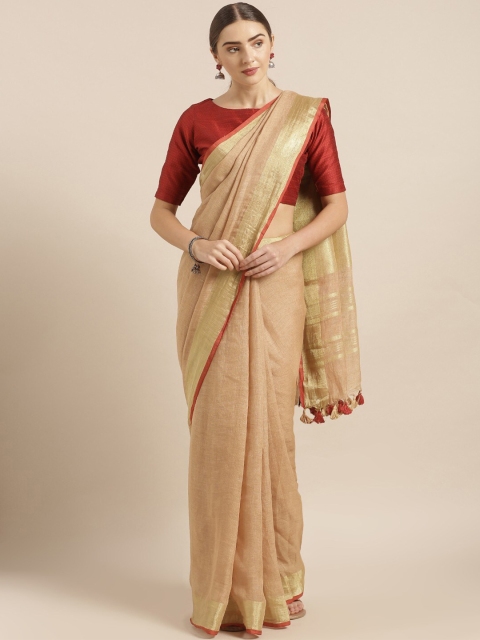 

Mirraw Gold-Toned & Red Zari Pure Linen Fusion Saree