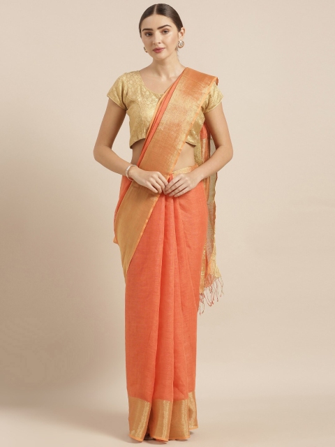 

Mirraw Orange & Gold-Toned Zari Pure Linen Fusion Saree