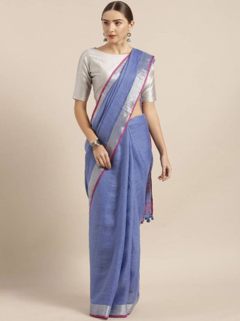 

Mirraw Blue & Silver-Toned Zari Pure Linen Fusion Saree