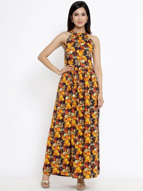 

DIVYANK Women Yellow & Rust Tropical Halter Neck Maxi Dress