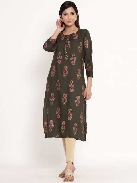 

ZOLA Women Olive Green & Pink Floral Printed Thread Work Kurta