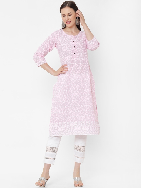 

ZOLA Women Pink & White Floral Chikankari Floral Kurta