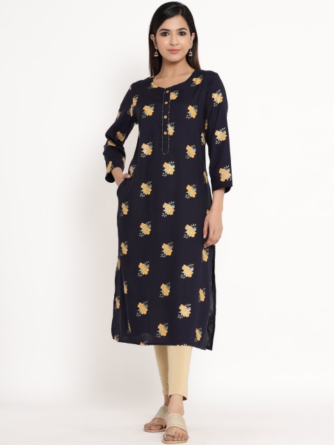

ZOLA Women Navy Blue & Yellow Ethnic Motifs Printed Floral Kurta