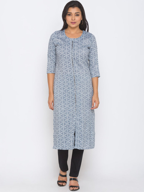 

ZOLA Women Blue & pearl blue Geometric Printed Thread Work Kurta
