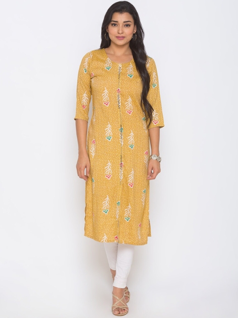 

ZOLA Women Yellow Embroidered Flared Sleeves Thread Work Kaftan Kurta